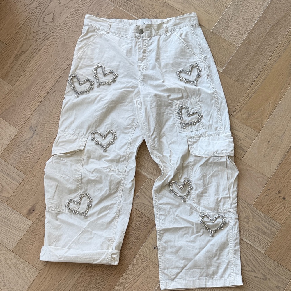 BDG Modified Cream Cargo Pants w/ Rhinestone Hearts